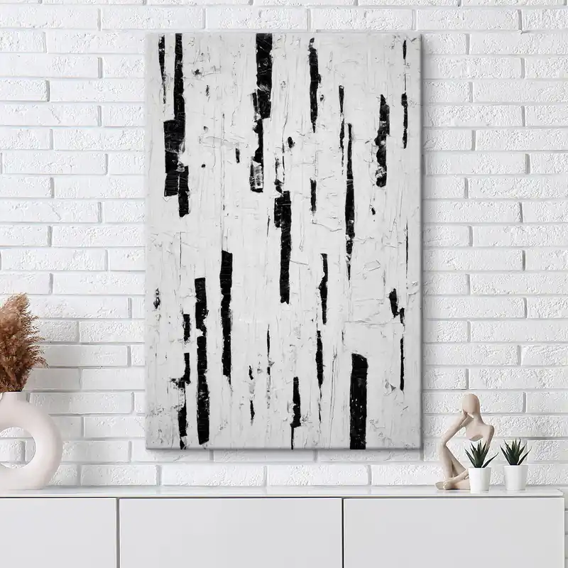 Cumpără online Pictură pe pânză Compoziție abstractă cu tușe verticale negre pe fond alb, în stil pictură în ulei Nr s46956