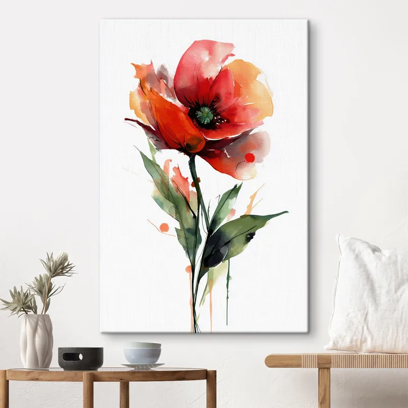 Pictură pe pânză Floare de mac cu picături expresive de acuarelă în stilul ilustrațiilor de artă modernă Nr s47086 Expediere rapidă