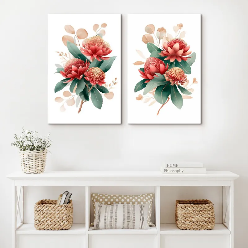 Nu rata Pictură pe pânză Compoziție florală cu protee într-o paletă de culori roșu-coral pe fond alb Nr m01096