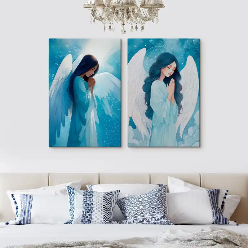 Pictură pe pânză Artă sacră modernă în stil acuarelă cu imaginea unui înger păzitor în veșminte albastre Nr m01153 Cumpără acum