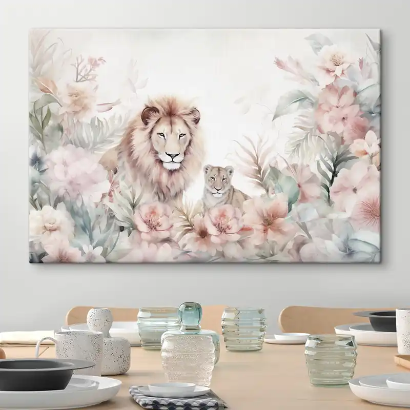 Pictură pe pânză Lei în tufișurile tropicale, imitație de acuarelă Nr s47640 Ultima șansă