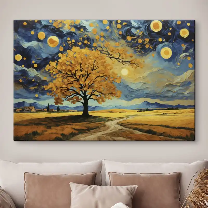 Cumpărături sigure Pictură pe pânză Peisaj cu un copac și cer înstelat viu colorat Nr s47255