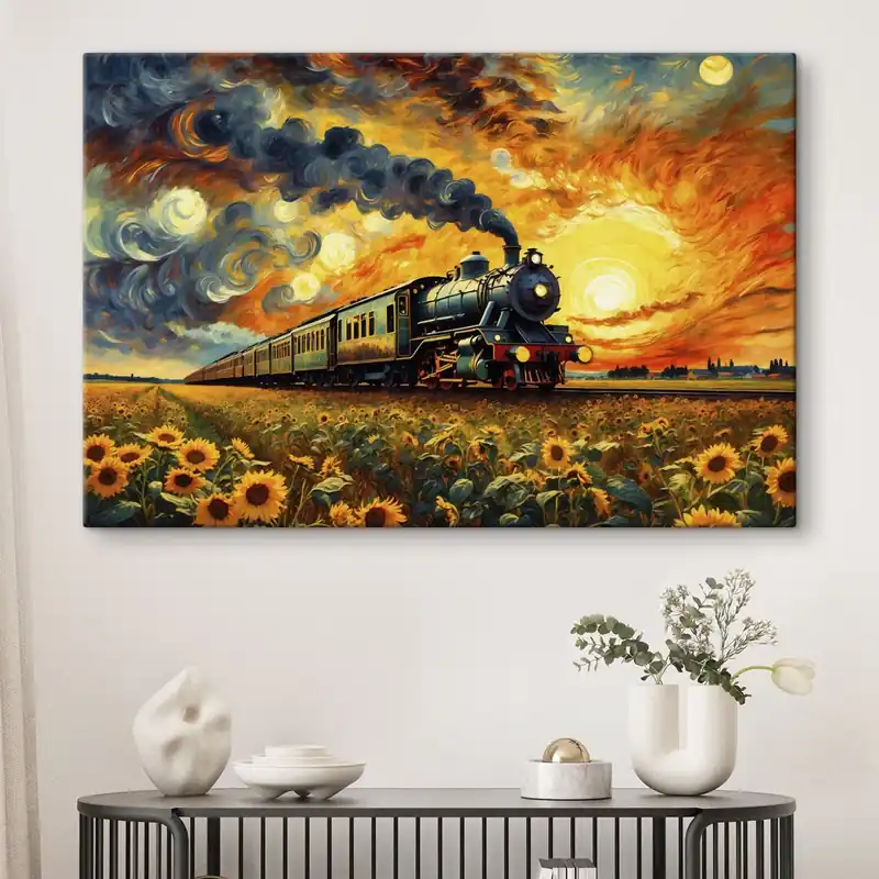 Pictură pe pânză Tren cu aburi într-un câmp cu un cer spectaculos Nr s47257 Premium