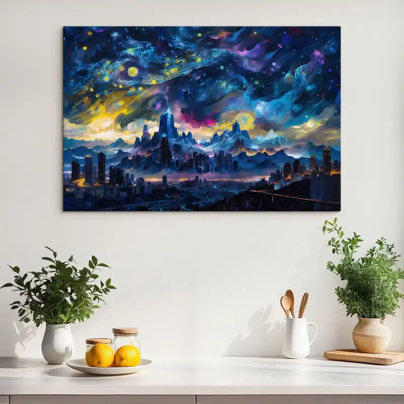 Pictură pe pânză Orașul fantastic sub cerul strălucitor al nopții Nr s47288 Ultima șansă