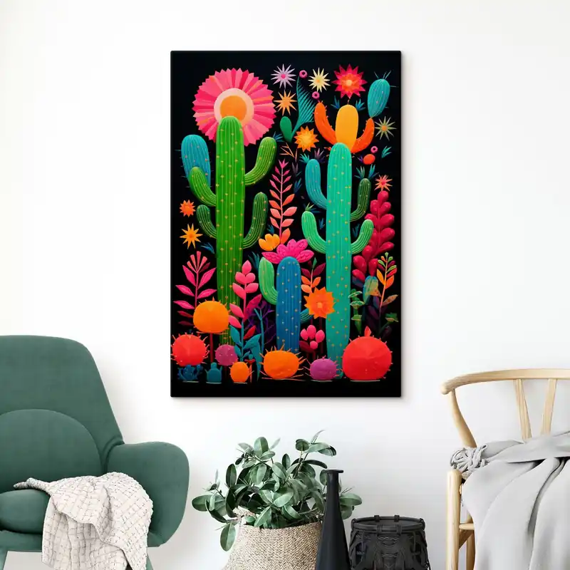 Reducere extra Pictură pe pânză Cactuși și flori vibrante pe fundal întunecat Nr s47297