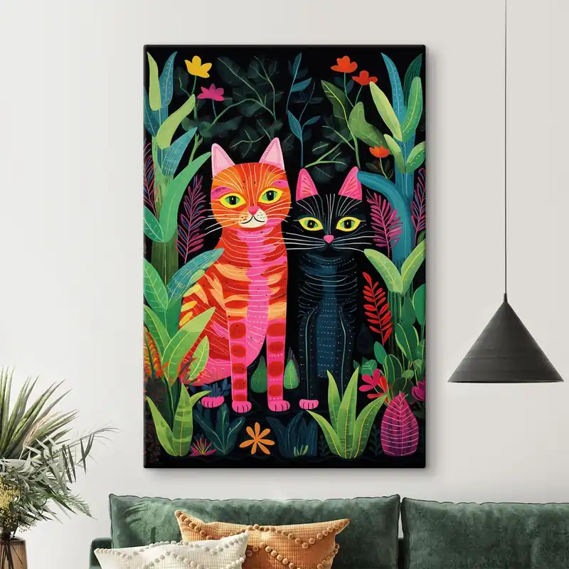 Bestseller Pictură pe pânză Două pisici stilizate printre plante vii Nr s47298