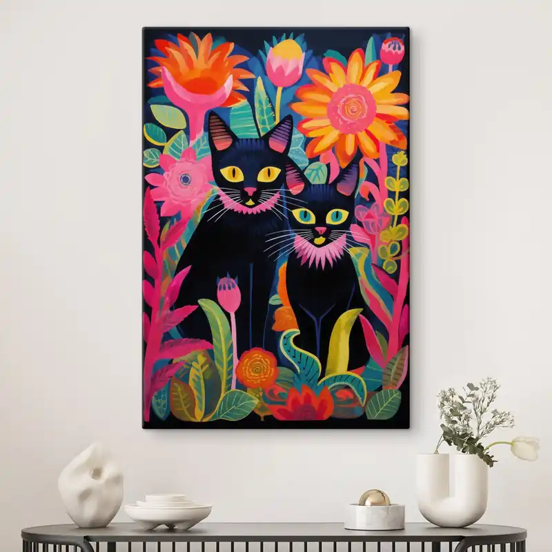 Pictură pe pânză Două pisici negre printre flori strălucitoare Nr s47299 Chilipir