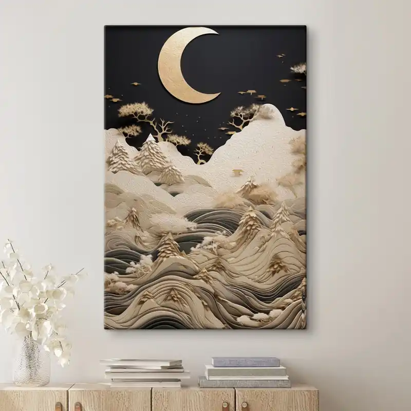 Pictură pe pânză Munți și copaci stilizați sub luna plină Nr s47300 Cel mai vândut