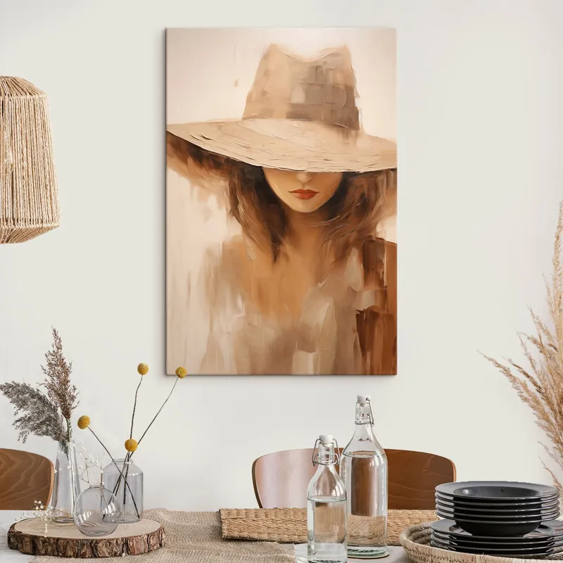 Pictură pe pânză Femeie cu pălărie, pictată cu tușe abstracte calde Nr s47312 Cumpără online