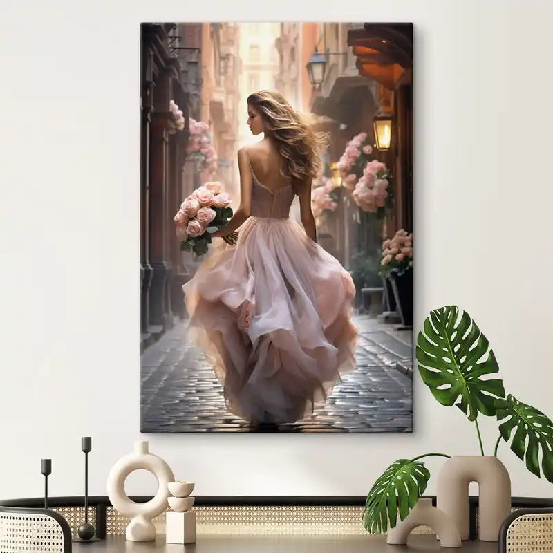 Discount Pictură pe pânză Femeie în rochie roz mergând pe stradă Nr s47316