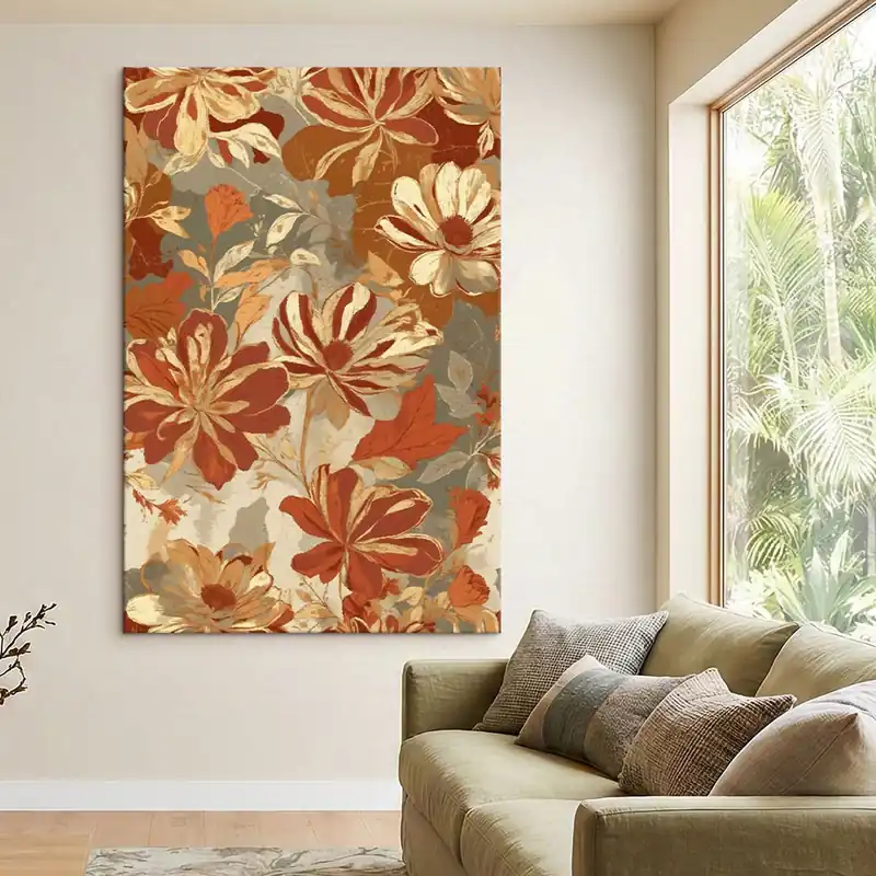 Pictură pe pânză Model floral în nuanțe calde de ruginiu și crem Nr s47770 Ofertă exclusivă