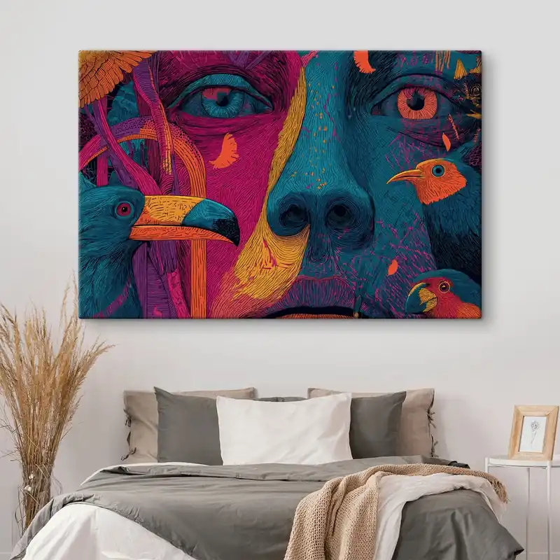 Pictură pe pânză Portret psihedelic cu păsări Nr s47789 Doar azi
