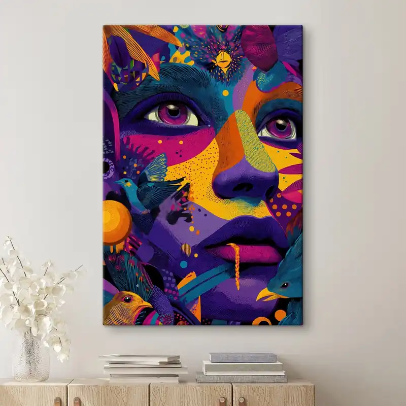 Pictură pe pânză Portret psihedelic cu păsări Nr s47790 Premium