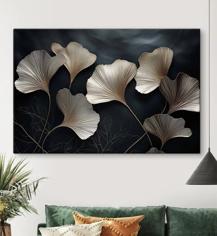 Ofertă exclusivă Pictură pe pânză Frunze de ginkgo pe fond întunecat Nr s48008