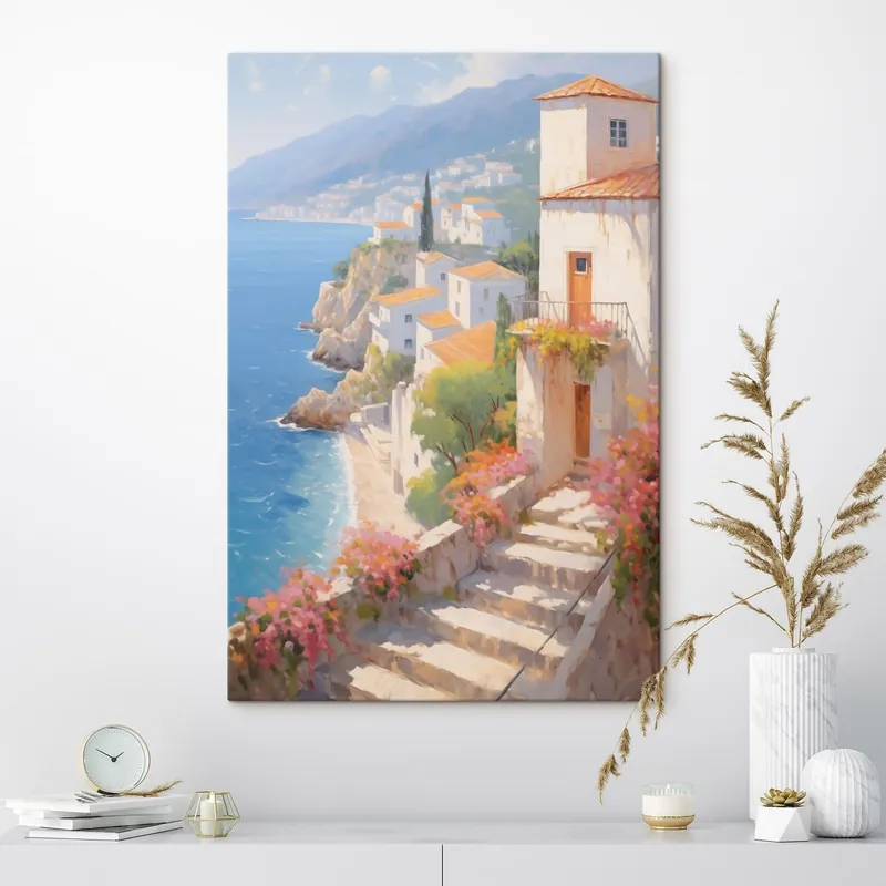 Pictură pe pânză sat impresionist mediteranean situat pe o stâncă Nr s48060 Cel mai vândut