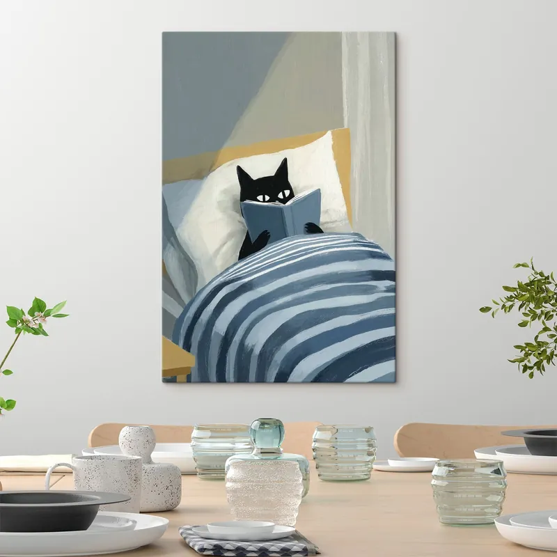 Cumpărături sigure Pictură pe pânză ilustrație minimalistă plată a unei pisici negre care citește o carte în pat Nr s48117