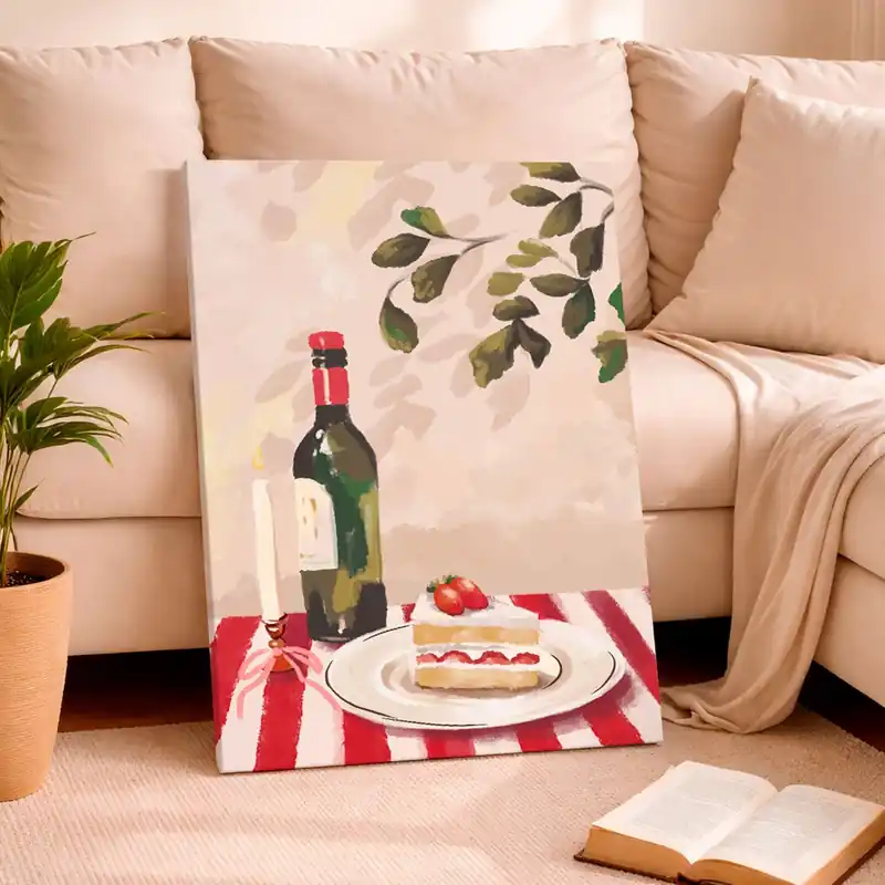 Reduceri Pictură pe pânză Natură moartă cu vin, lumânare și tort Nr s48024