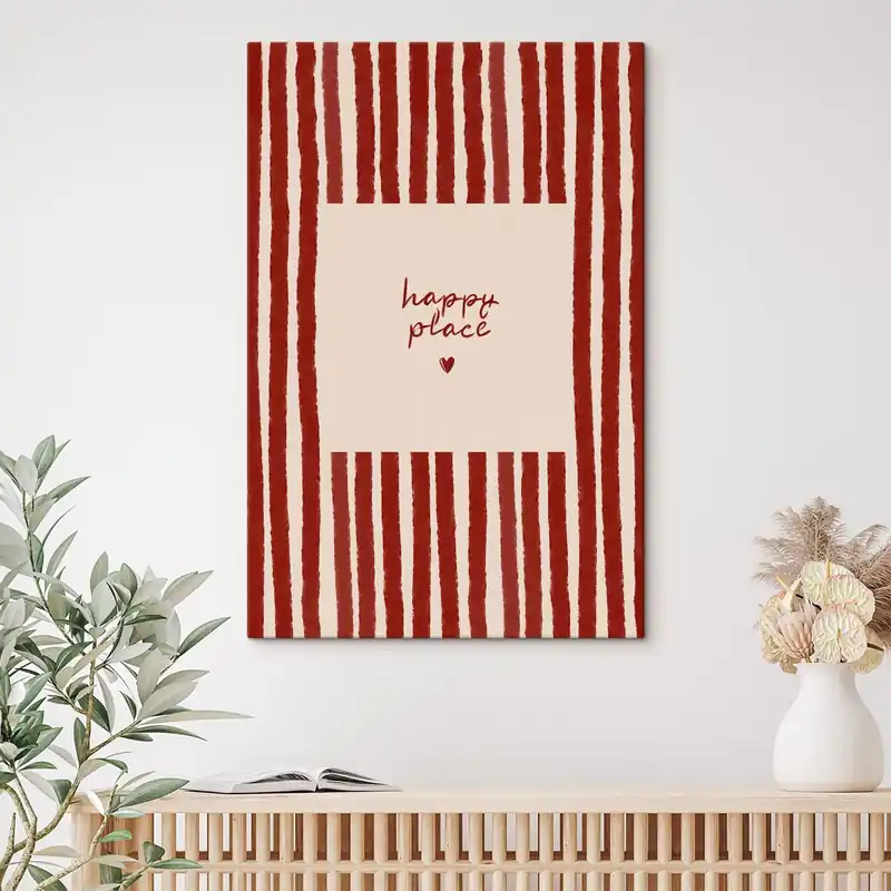 Pictură pe pânză Dungi roșii cu textul „happy place” Nr s48025 Plată sigură