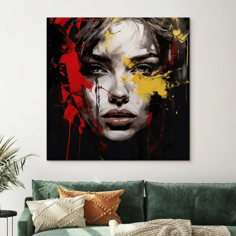 Pictură pe pânză Portret de femeie cu tușe roșii și galbene Nr s48089 Ieftin