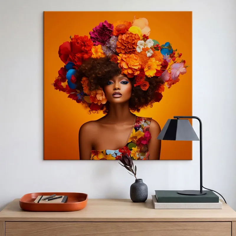 Discount Pictură pe pânză Femeie cu coroniță florală pe fundal portocaliu Nr s48102