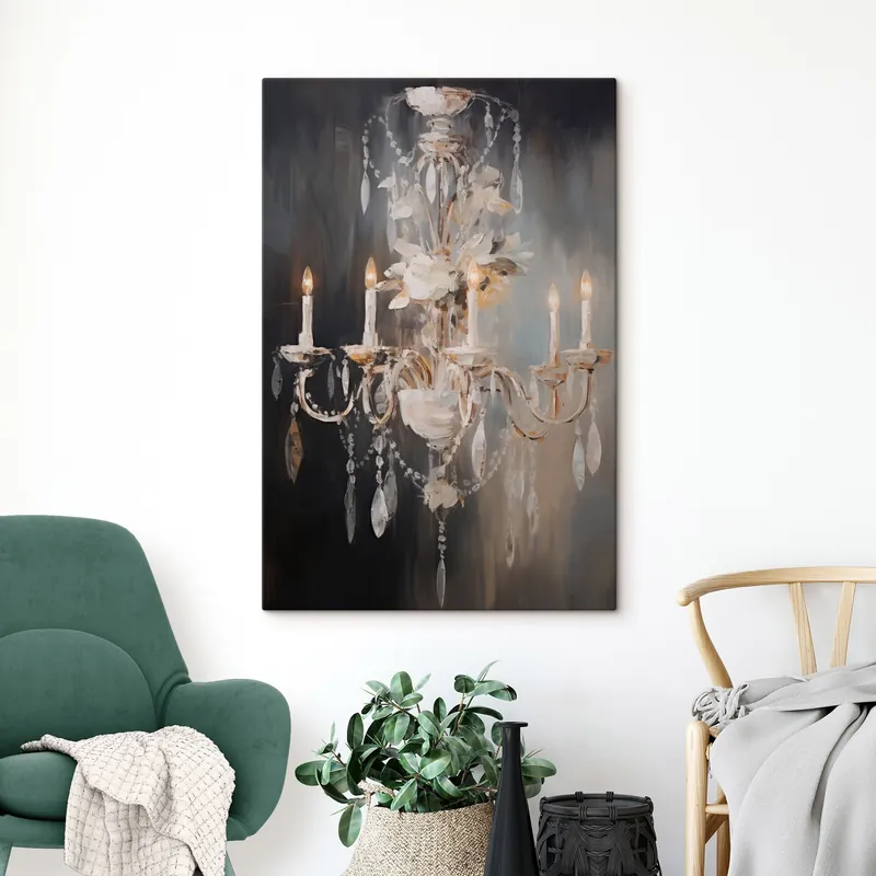 Pictură pe pânză Candelabru abstract ornamentat cu lumânări aprinse și accente florale, pe un fundal întunecat, texturat Nr s47857 Nu rata