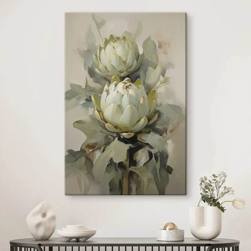 Ofertă specială Pictură pe pânză Stil pictural reprezentând mai multe flori albe de protea cu frunze mari verzi pe un fundal deschis Nr s47862