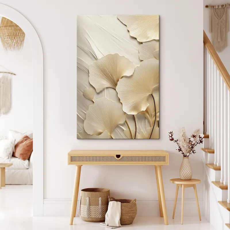 Pictură pe pânză Frunze abstracte de ginkgo pe un fundal texturat, deschis la culoare, compoziție elegantă și abstractă Nr s47867 Doar azi