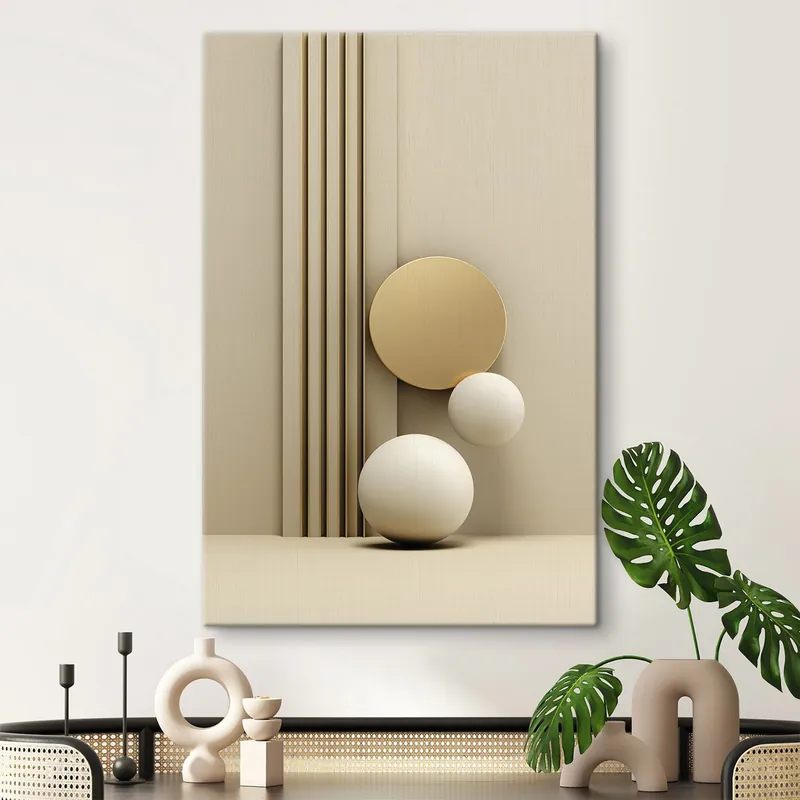 Pictură pe pânză Artă modernă abstractă în nuanțe de bej, cu linii verticale și sfere Nr s47871 Chilipir