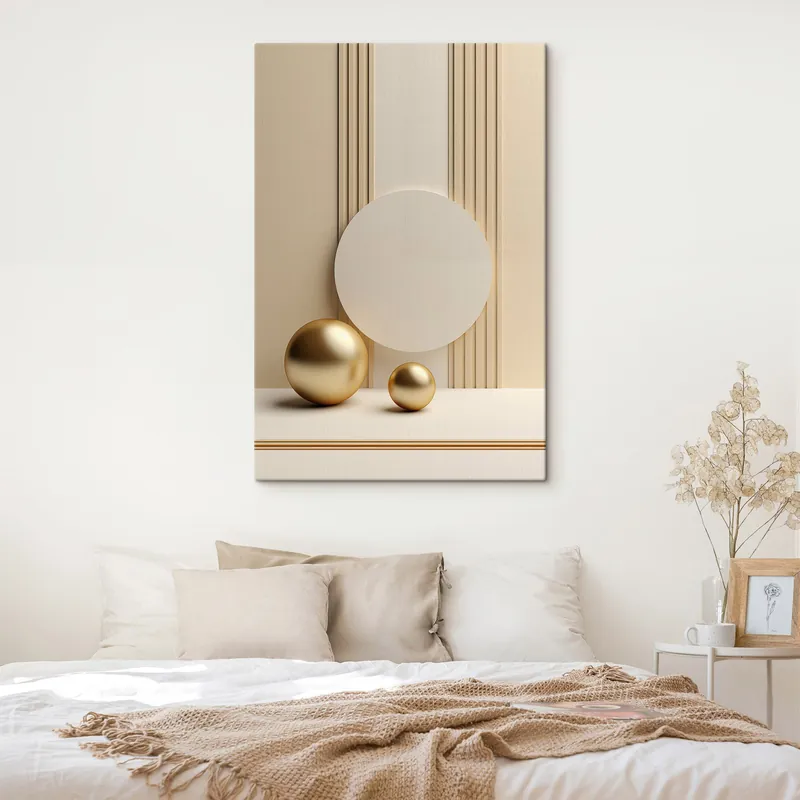 Pictură pe pânză Artă modernă abstractă în nuanțe de bej, cu linii verticale și sfere Nr s47872 Disponibil imediat