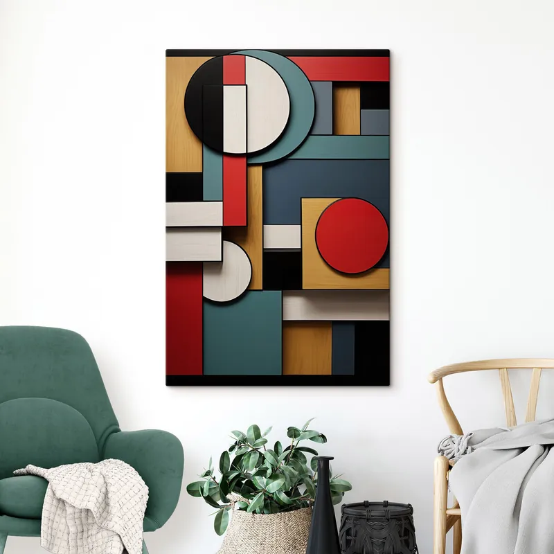 Pictură pe pânză Compoziție geometrică abstractă cu imitație de textură de lemn, dreptunghiuri și cercuri roșii, negre, albe și verde-albăstrui Nr s47875 Ofertă de sezon