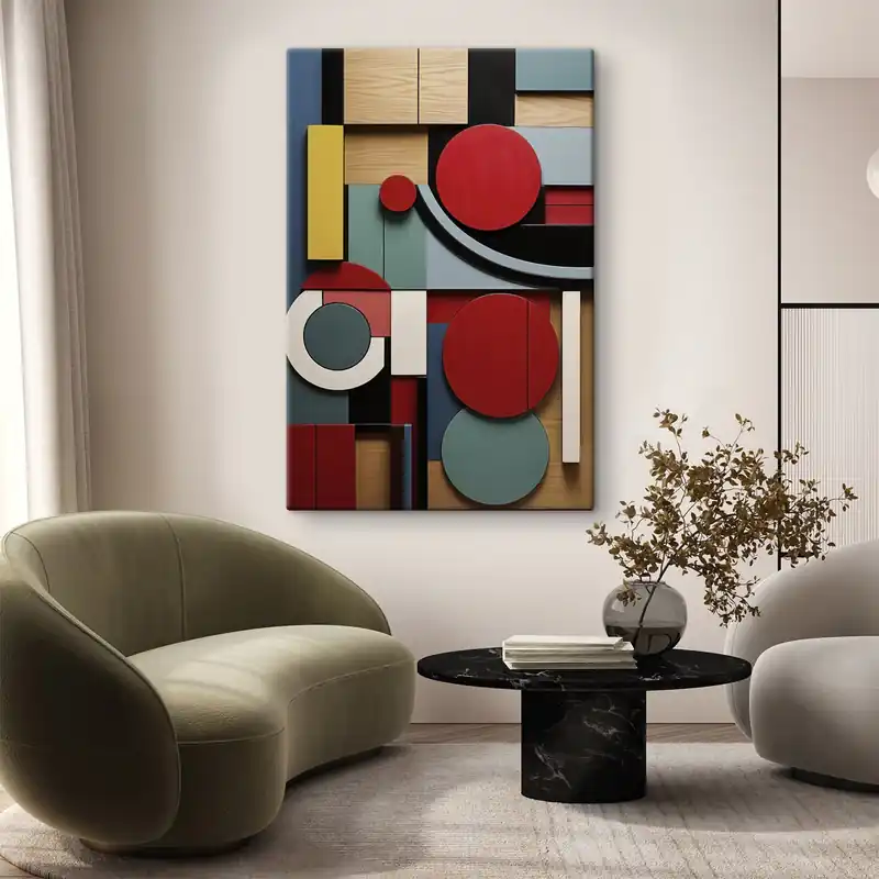 Pictură pe pânză Compoziție geometrică abstractă cu imitație de textură de lemn, dreptunghiuri și cercuri roșii, negre, albe și verde-albăstrui Nr s47876 Calitate înaltă