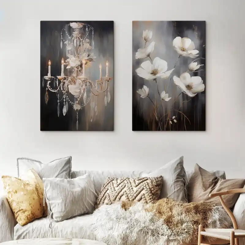 Discount Pictură pe pânză Candelabru abstract ornamentat cu lumânări aprinse și artă florală, pe un fundal întunecat, texturat Nr m30049