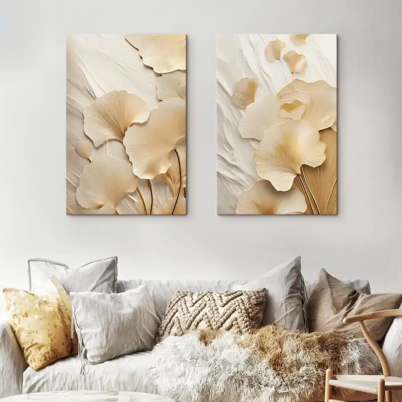Pictură pe pânză Frunze abstracte de ginkgo pe un fundal texturat, deschis la culoare, compoziție elegantă și abstractă Nr m30054 Comandă acum