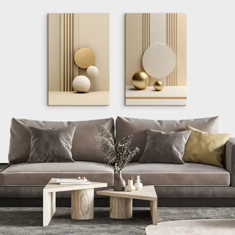 Reducere Pictură pe pânză Artă modernă abstractă în nuanțe de bej, cu linii verticale și sfere Nr m30056