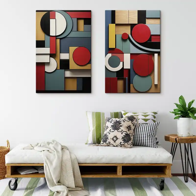 Reducere extra Pictură pe pânză Compoziție geometrică abstractă cu imitație de textură de lemn, dreptunghiuri și cercuri roșii, negre, albe și verde-albăstrui Nr m30058
