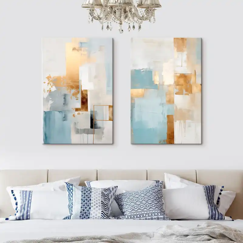 Reduceri Pictură pe pânză Forme geometrice abstracte în culori galben, albastru și alb, compoziție texturată și minimalistă Nr m30061