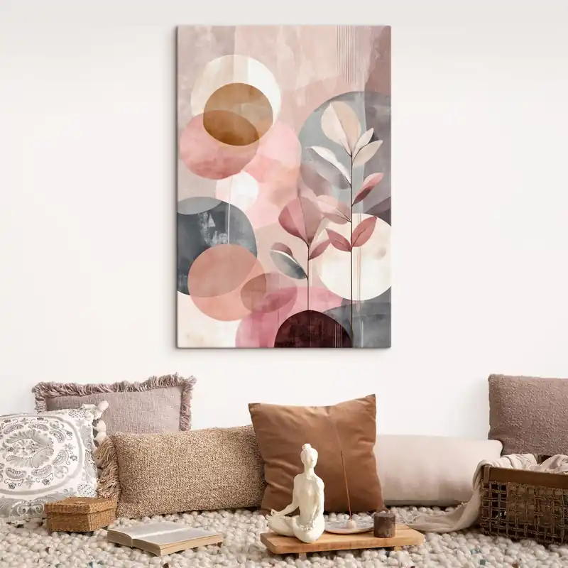 Disponibil imediat Pictură pe pânză Compoziție abstractă cu cercuri într-o paletă de culori teracotă-roz Nr s47977