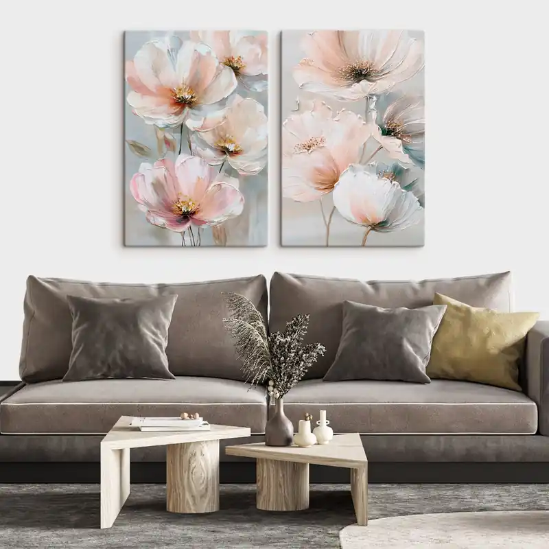 Calitate înaltă Pictură pe pânză Diptic floral într-o paletă de culori bej-coral, în stilul picturii în ulei Nr m30029