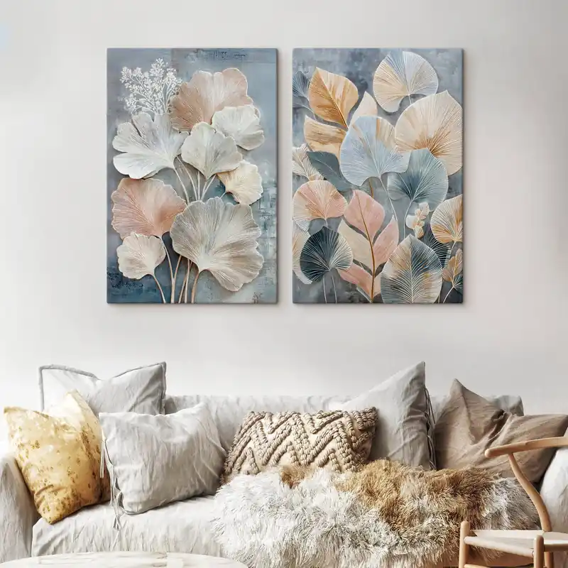 Pictură pe pânză Compoziție abstractă cu frunziș decorativ într-o paletă de culori gri-bej Nr m30030 Nu rata
