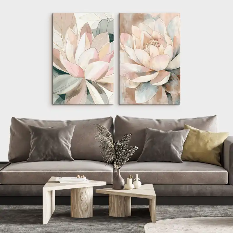 Pictură pe pânză Compoziție florală cu lotuși mari într-o paletă de culori pastelate-coral Nr m30034 Super ofertă