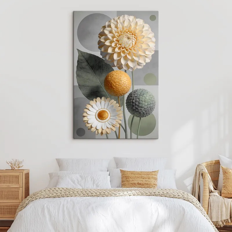 Pictură pe pânză Flori abstracte mari cu elemente geometrice Nr s48178 Noutate