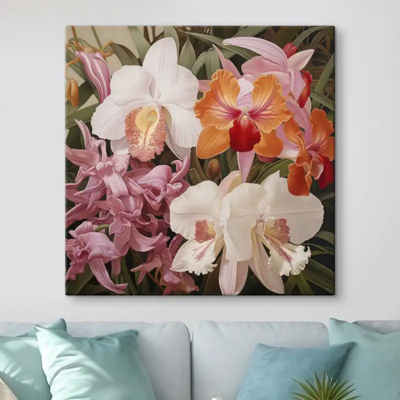 Plată securizată Pictură pe pânză Buchet de flori tropicale, orhidee cu frunziș verde pe fundal Nr s48385