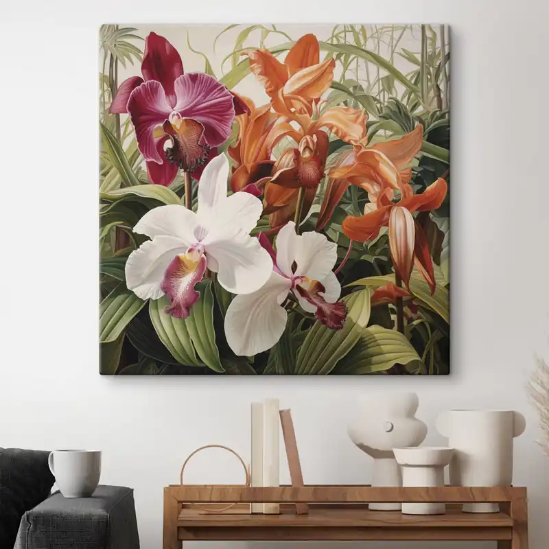 Pictură pe pânză Buchet de flori tropicale, orhidee cu frunziș verde pe fundal Nr s48386 Nu rata