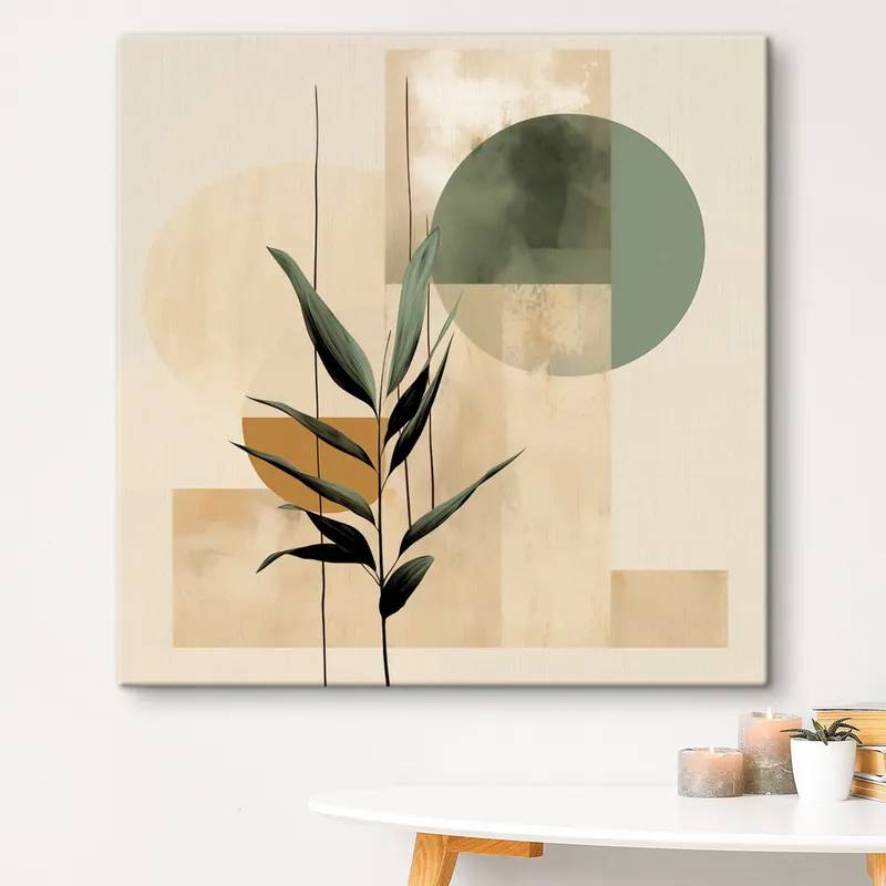 Retur ușor Pictură pe pânză O plantă de culoare verde închis, cu forme geometrice abstracte și texturi de acuarelă în nuanțe de bej și verde Nr s48409