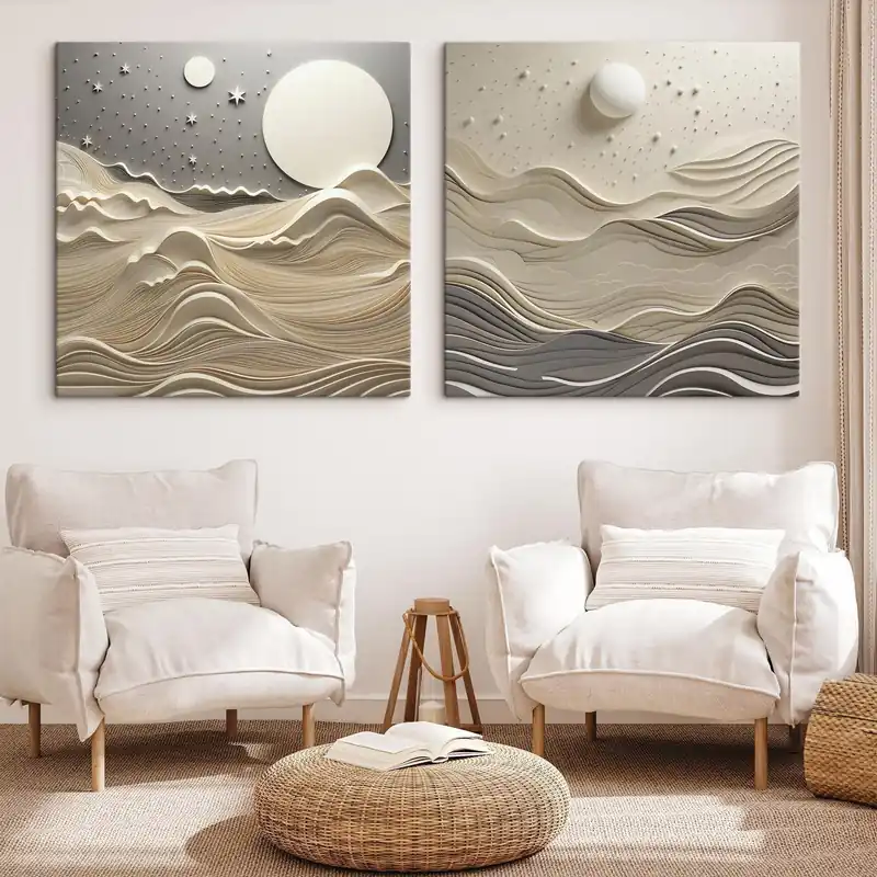 Preferatul clienților Pictură pe pânză Un peisaj minimalist stilizat, cu dealuri ondulate și o lună mare pe un cer înstelat, artă abstractă Nr m30205