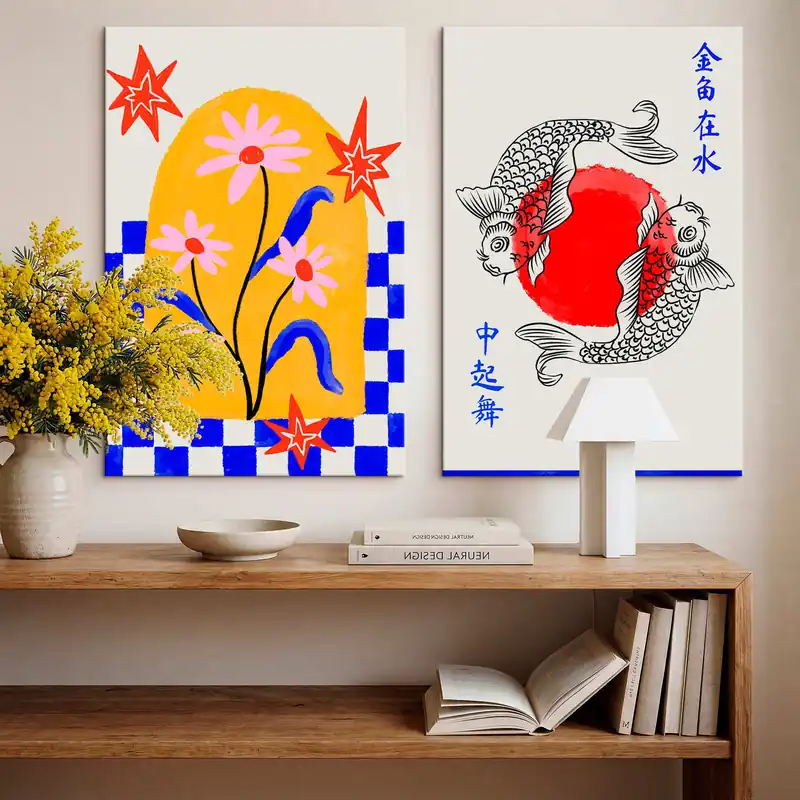 Pictură pe pânză Diptych cu o pisică și doi pești în nuanțe de roșu și alb Nr m30235 Bestseller