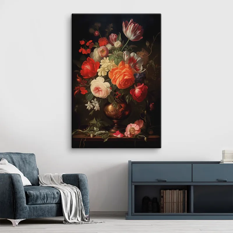 Popular Pictură pe pânză Buchet de flori într-o vază pe un fundal întunecat Nr s48351
