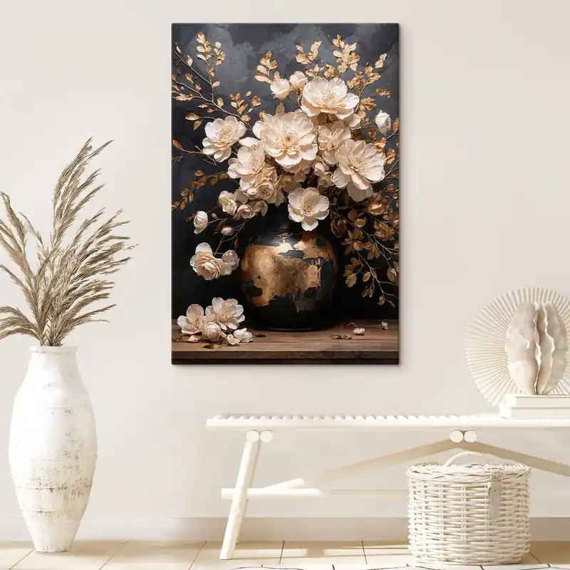 Retur gratuit Pictură pe pânză Flori delicate într-o vază, însoțite de frunze decorative Nr s48356