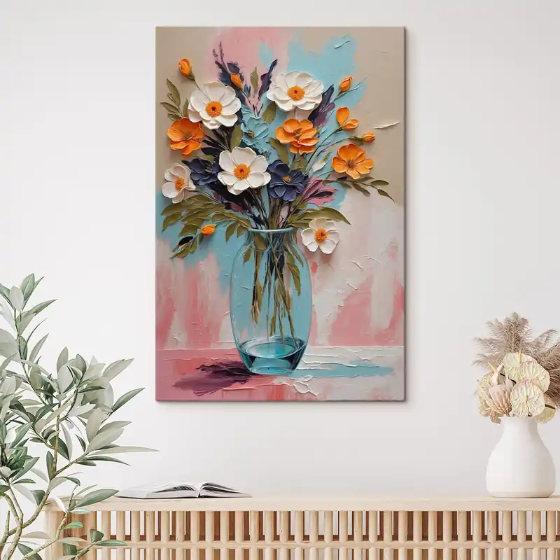 Mai ieftin Pictură pe pânză Buchet de flori într-o vază de sticlă pe un fundal colorat Nr s48488
