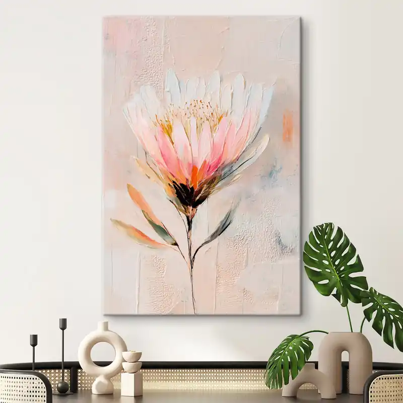 Plată sigură Pictură pe pânză Floare de protea în nuanțe delicate de roz, în stil pictură în ulei Nr s48205